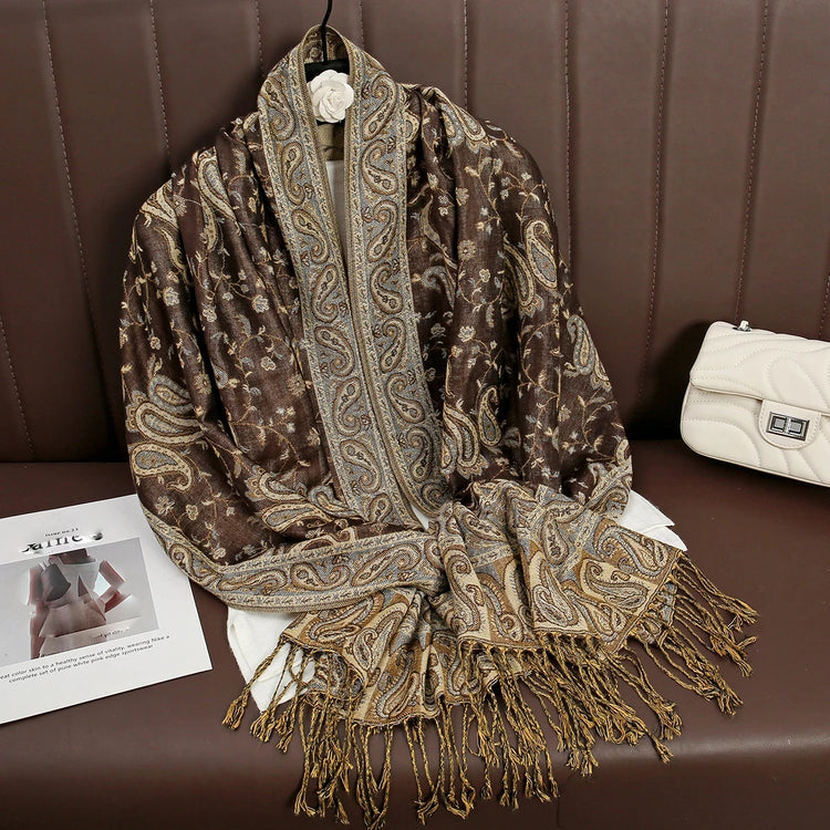 Soft and warm cashmere hijab with bohemian print, styled as a headscarf or wrap