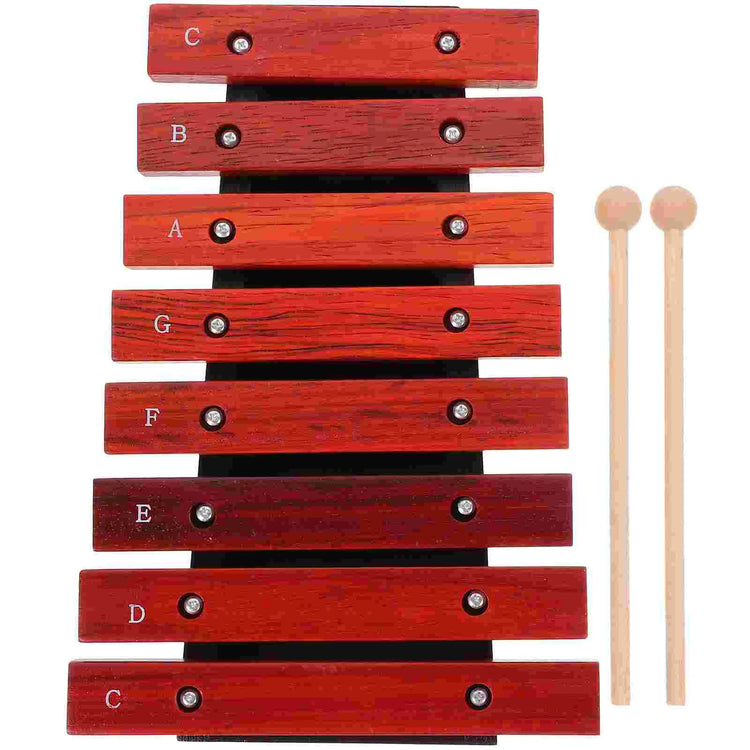 Children’s wooden xylophone featuring eight tuned metal bars and two wooden mallets