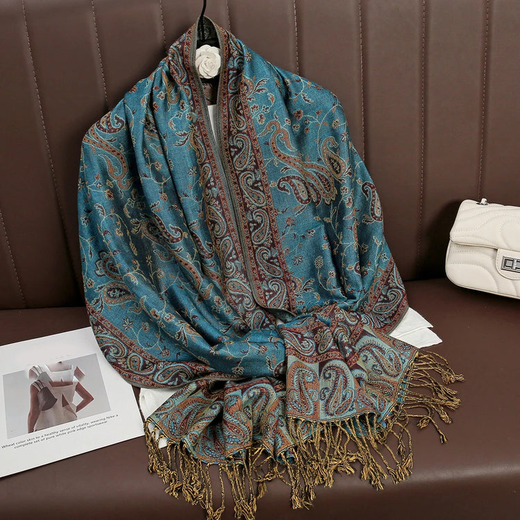 Soft and warm cashmere hijab with bohemian print, styled as a headscarf or wrap