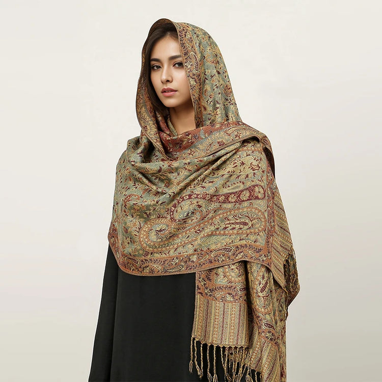 Soft and warm cashmere hijab with bohemian print, styled as a headscarf or wrap