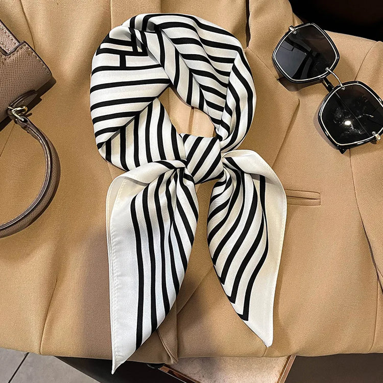 Luxury brand silk plaid square scarf for women, styled as a neck or hair tie