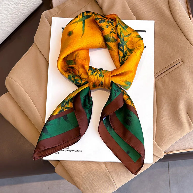 Luxury brand silk plaid square scarf for women, styled as a neck or hair tie