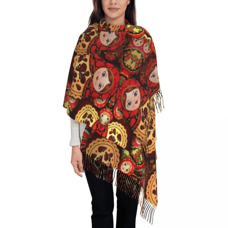 Soft and cozy scarf with colorful Matryoshka doll design