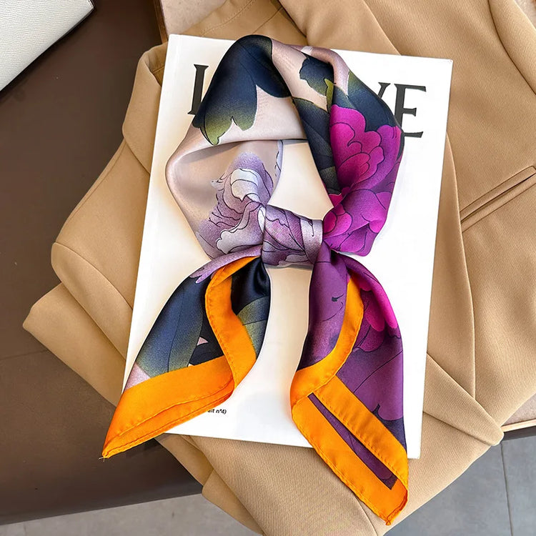 Luxury brand silk plaid square scarf for women, styled as a neck or hair tie