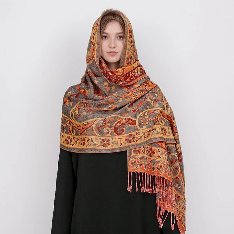 Soft and warm cashmere hijab with bohemian print, styled as a headscarf or wrap