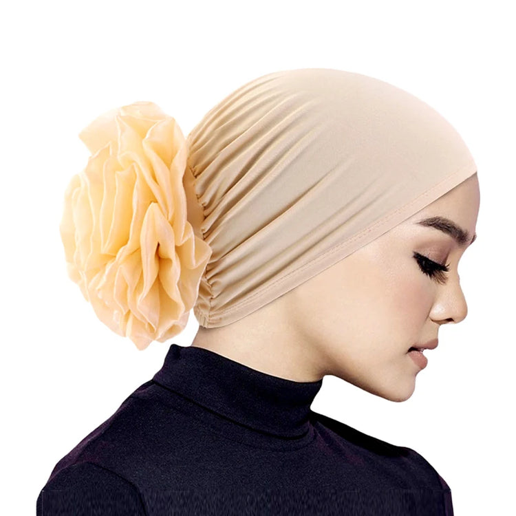 Elastic hair band turban for women, comfortable beanie style with flower accent