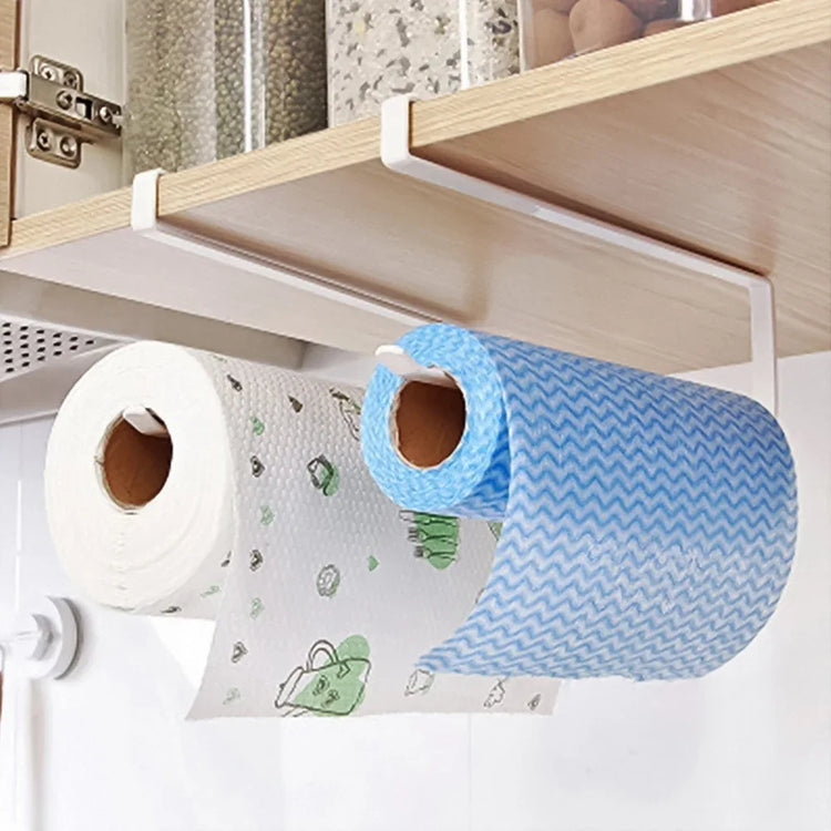 Compact kitchen rack for organizing paper towels, plastic wrap, and rags
