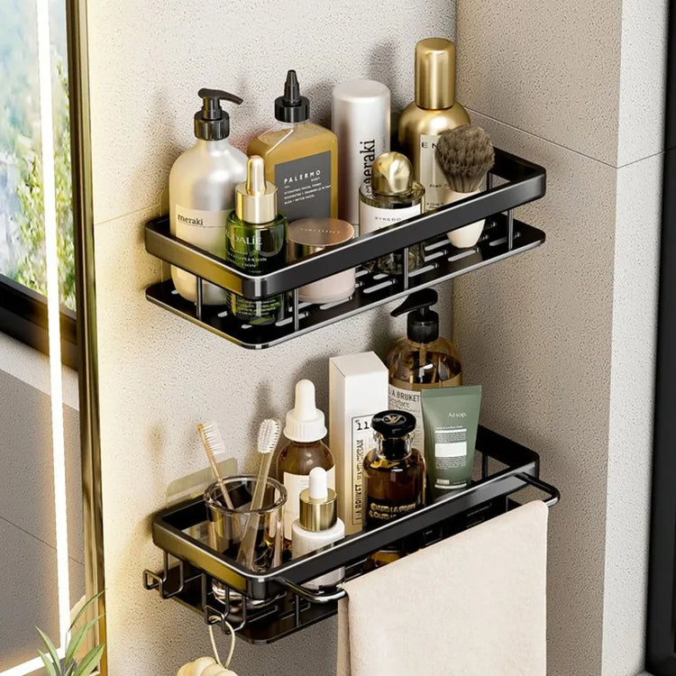 Waterproof aluminum shower shelf for organizing bath products without drilling
