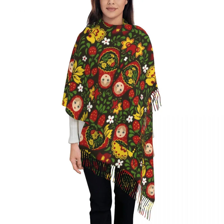 Soft and cozy scarf with colorful Matryoshka doll design