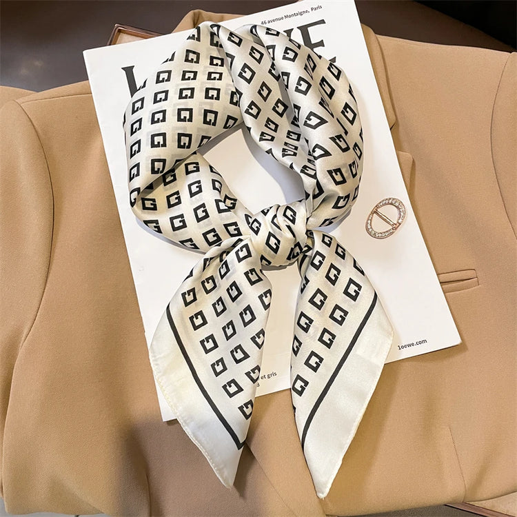 Luxury brand silk plaid square scarf for women, styled as a neck or hair tie