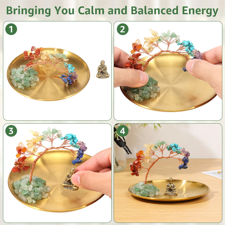 Decorative chakra crystal tree with Buddha figurine for enhancing positive energy in living areas