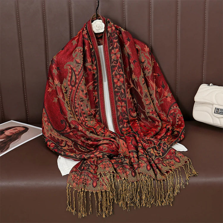 Soft and warm cashmere hijab with bohemian print, styled as a headscarf or wrap