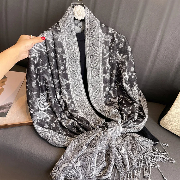 Soft and warm cashmere hijab with bohemian print, styled as a headscarf or wrap