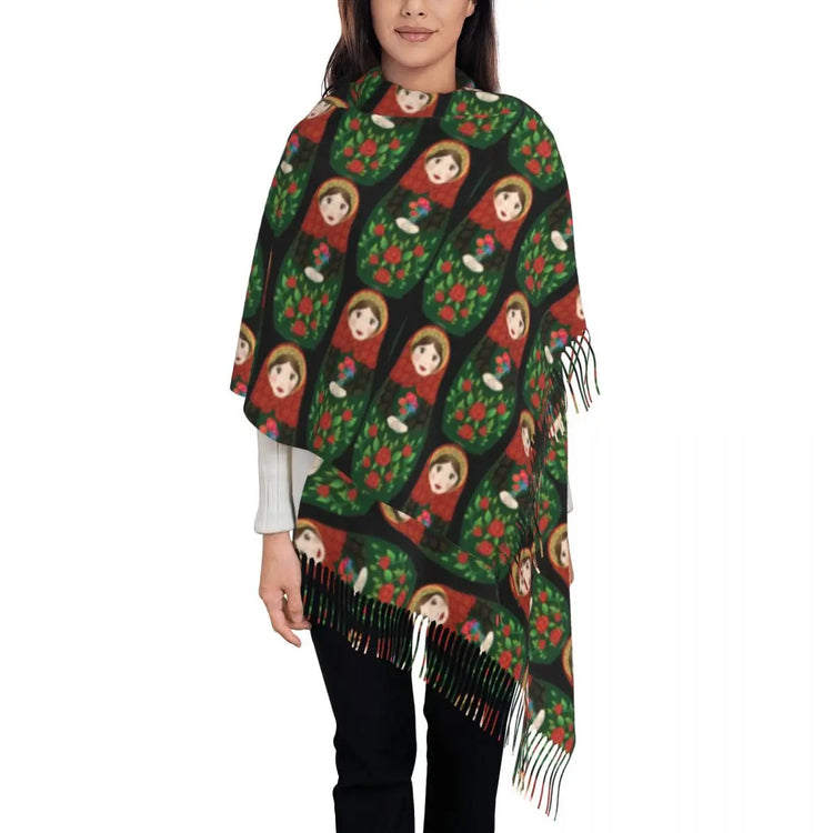 Soft and cozy scarf with colorful Matryoshka doll design