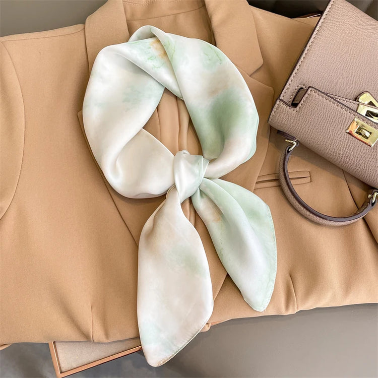 Luxury brand silk plaid square scarf for women, styled as a neck or hair tie