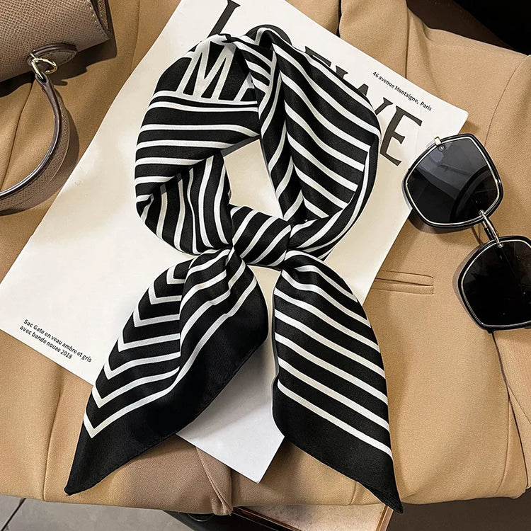 Luxury brand silk plaid square scarf for women, styled as a neck or hair tie