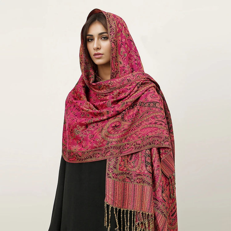 Soft and warm cashmere hijab with bohemian print, styled as a headscarf or wrap