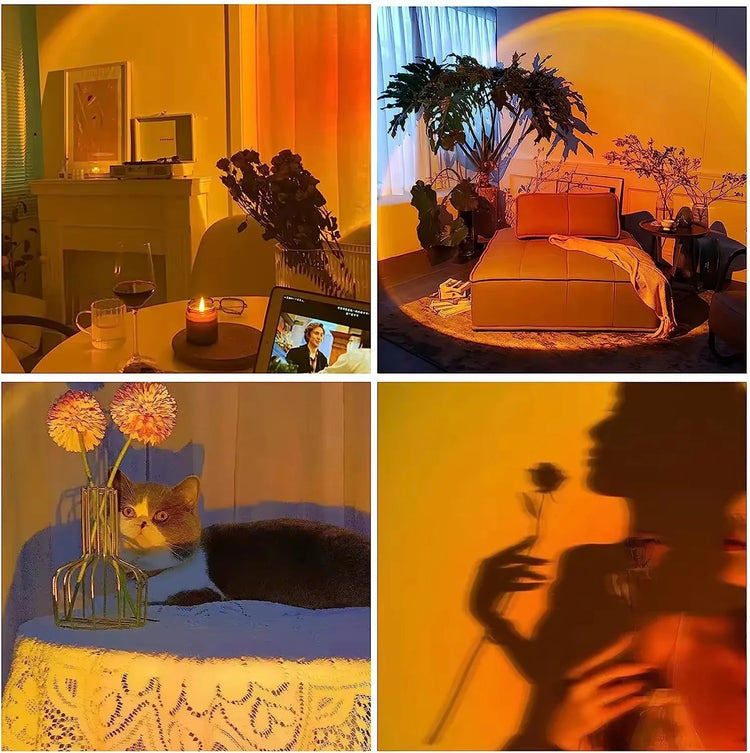 Sunset projection lamp illuminating room with vibrant colors