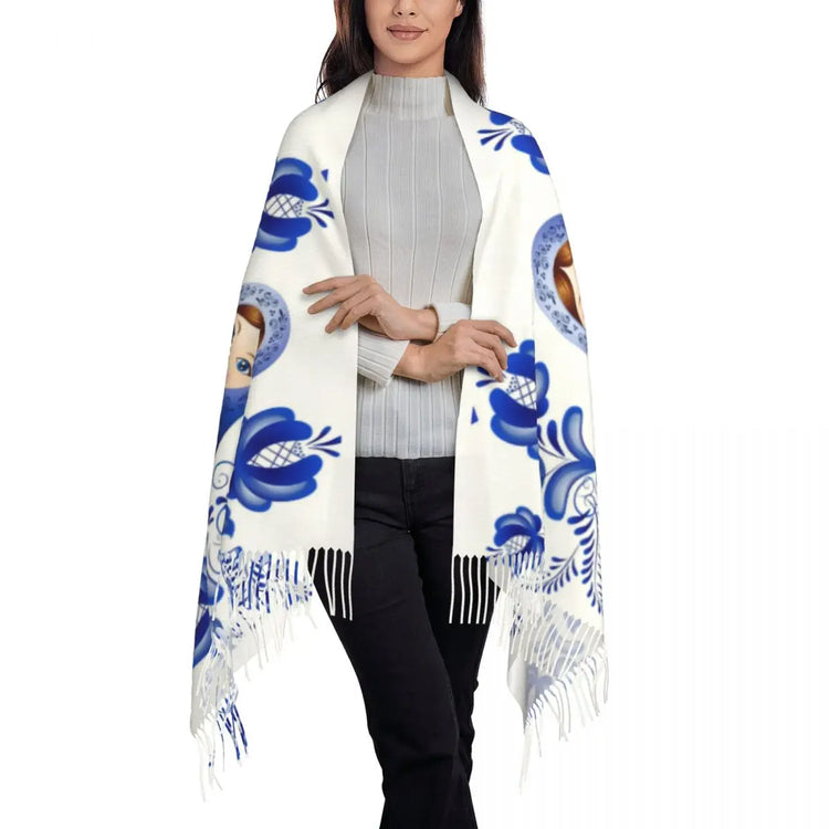 Soft and cozy scarf with colorful Matryoshka doll design