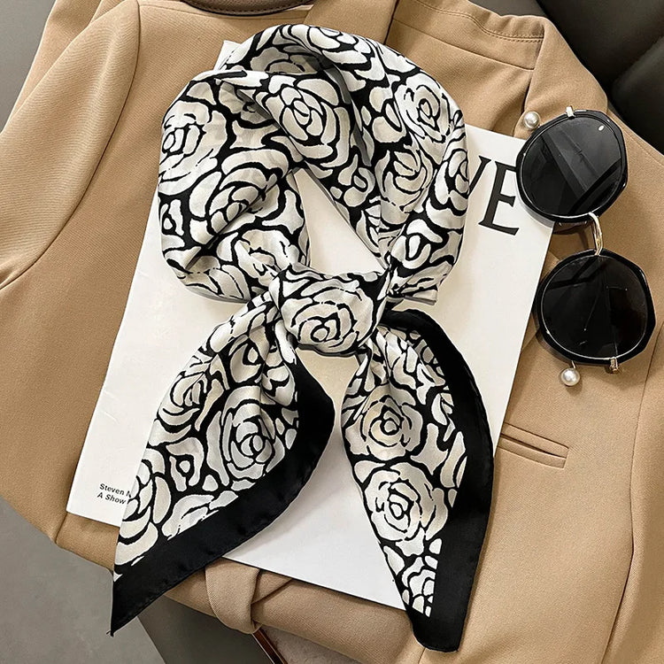 Luxury brand silk plaid square scarf for women, styled as a neck or hair tie
