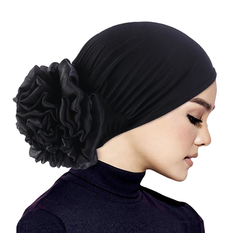 Elastic hair band turban for women, comfortable beanie style with flower accent