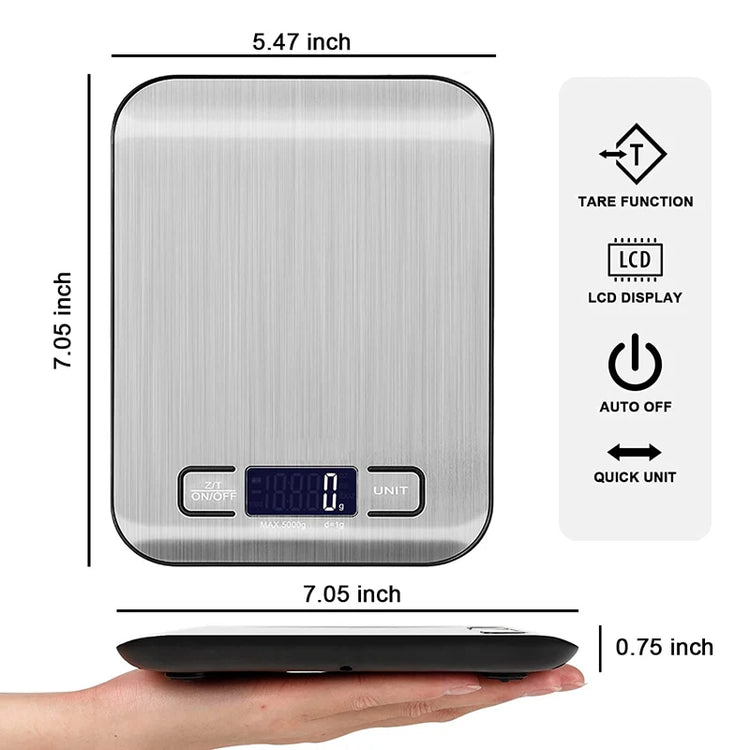 Electronic food weighing scale with tare function and backlit LCD screen