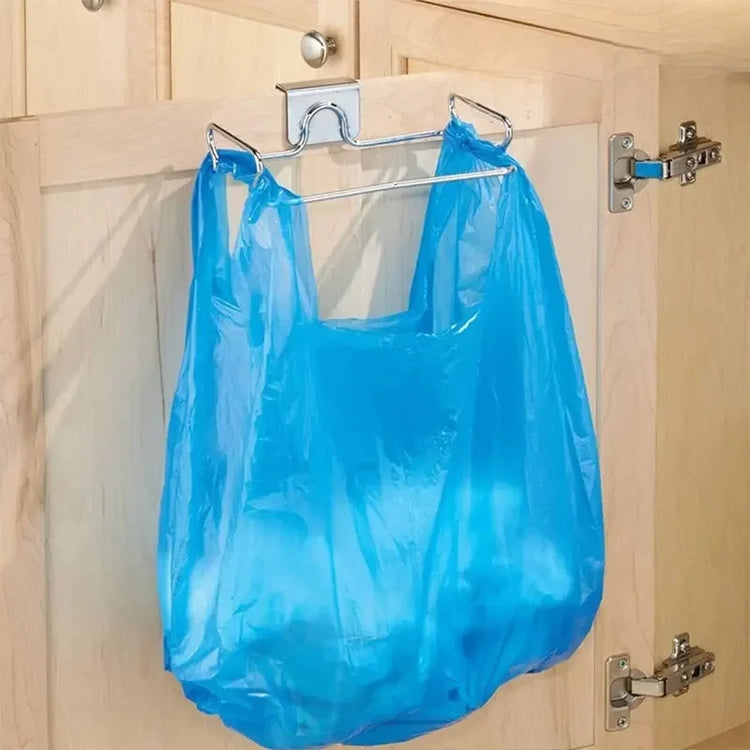 Space-saving kitchen trash rack for cabinet door garbage bag organization