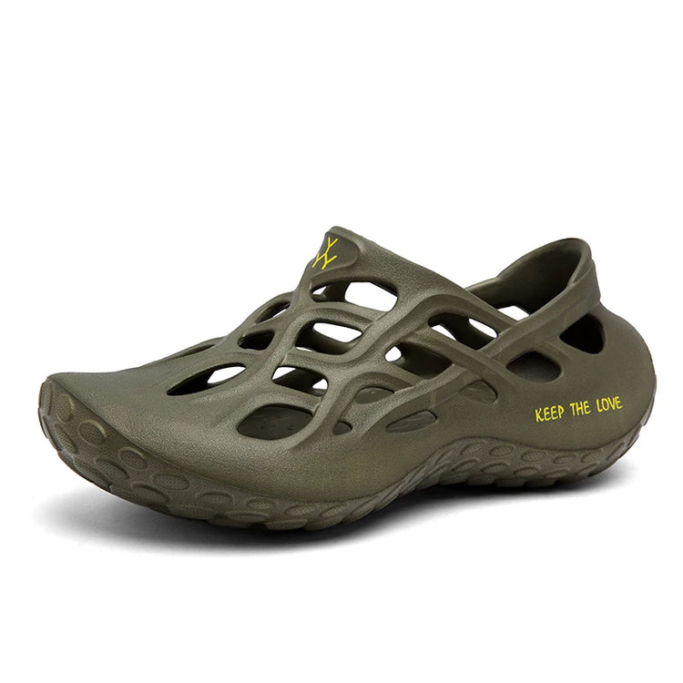 Men’s lightweight EVA clogs with ventilation holes in white, red, and blue