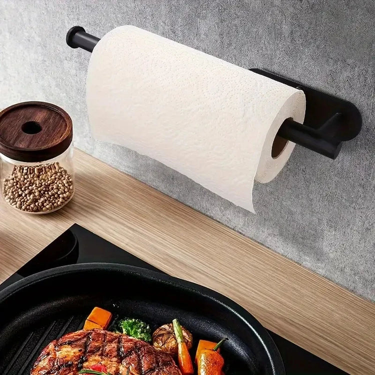 Space-saving kitchen organizer for paper towels and plastic wrap