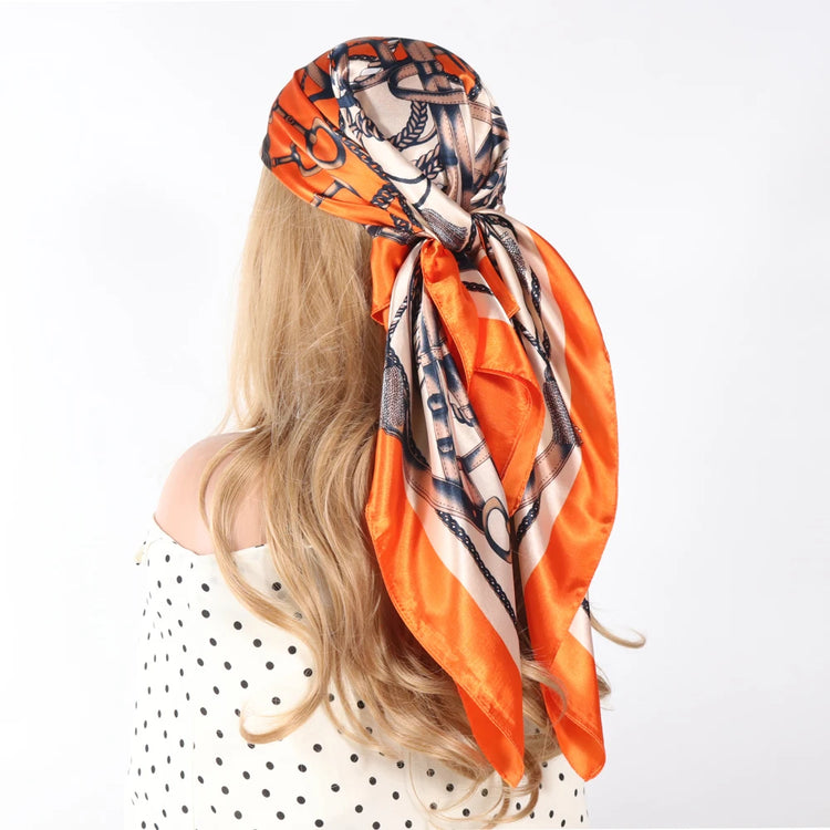 Luxury brand silk scarf for women, 90x90cm square, worn as a summer hijab or hair wrap