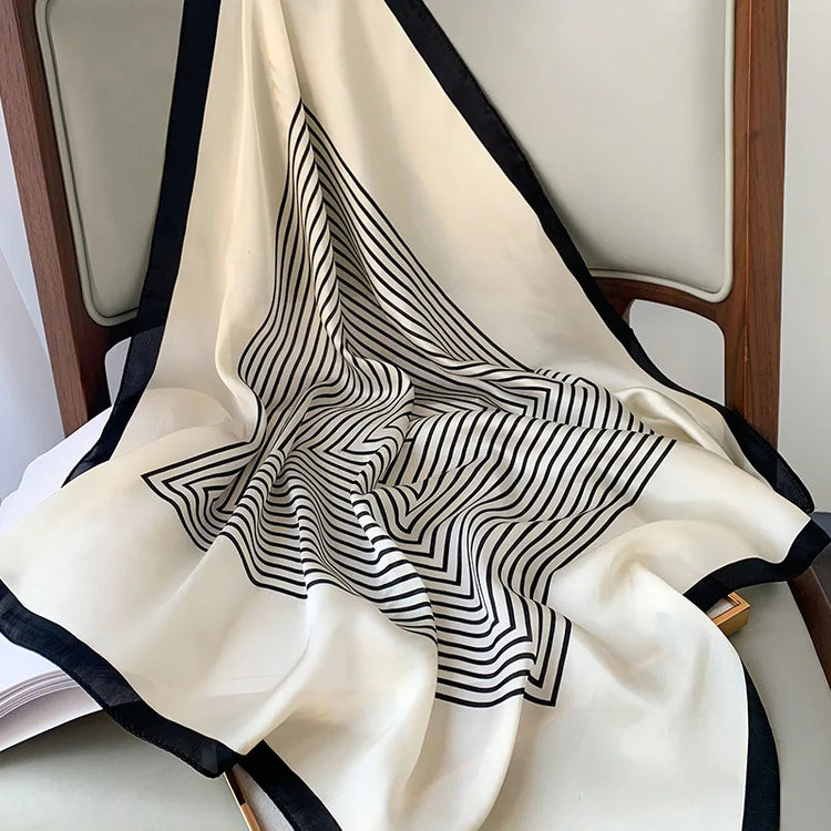 Luxury brand silk plaid square scarf for women, styled as a neck or hair tie