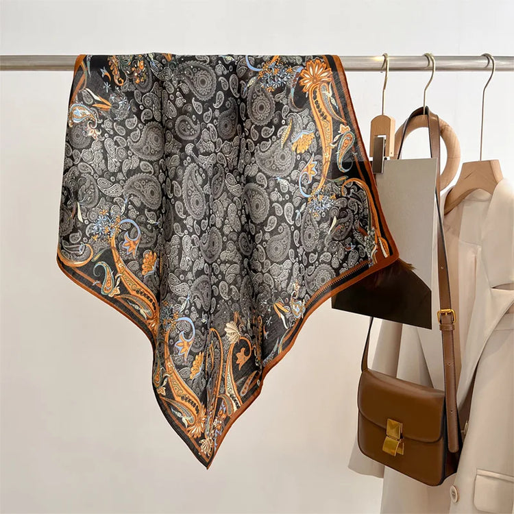 70cm square scarf for women with cashew print, breathable imitation silk fabric