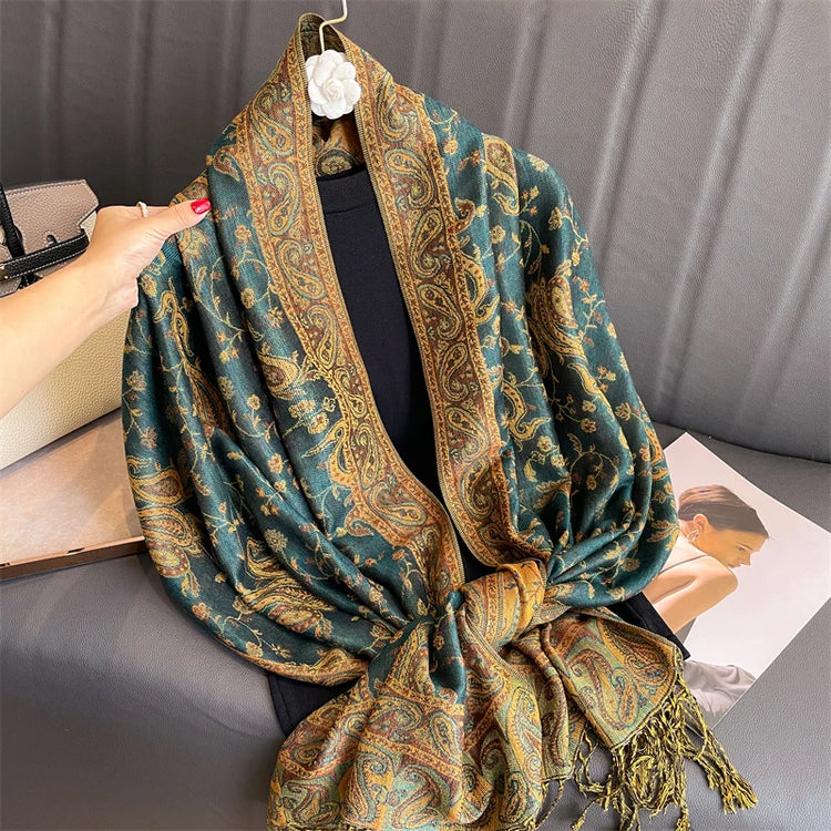 Soft and warm cashmere hijab with bohemian print, styled as a headscarf or wrap