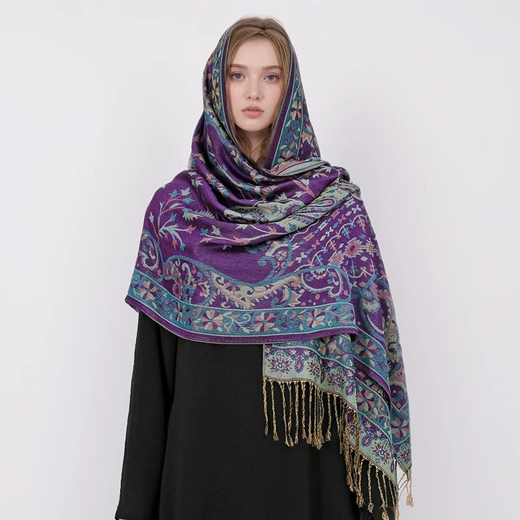 Soft and warm cashmere hijab with bohemian print, styled as a headscarf or wrap