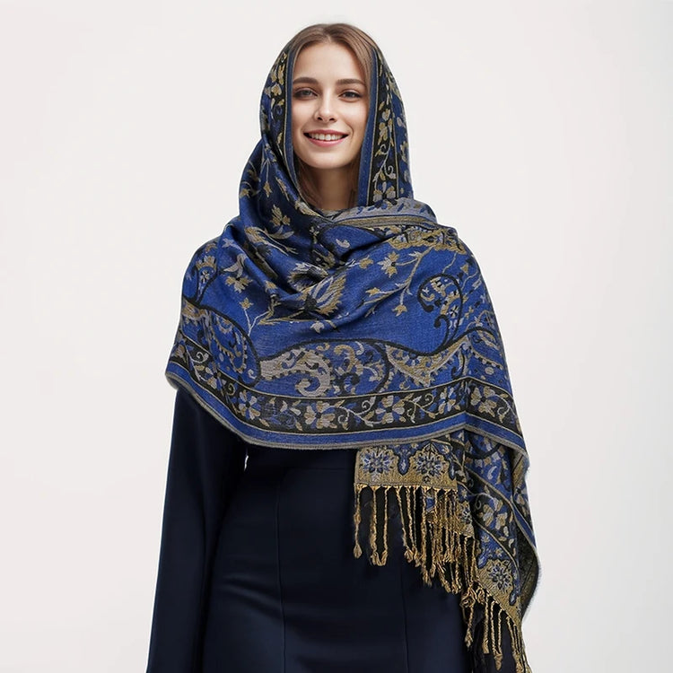 Soft and warm cashmere hijab with bohemian print, styled as a headscarf or wrap