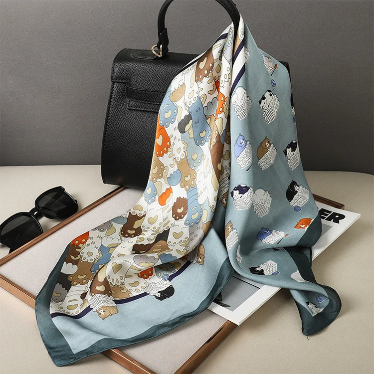 Luxury brand silk plaid square scarf for women, styled as a neck or hair tie