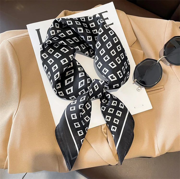 Luxury brand silk plaid square scarf for women, styled as a neck or hair tie