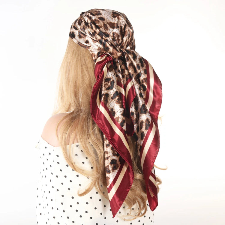 Luxury brand silk scarf for women, 90x90cm square, worn as a summer hijab or hair wrap
