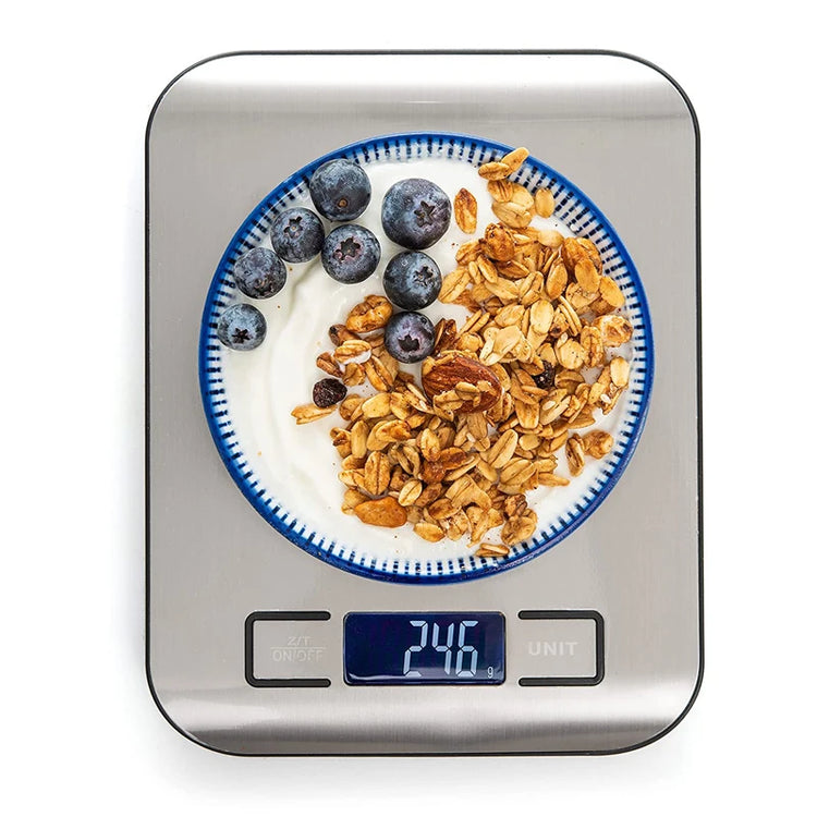Electronic food weighing scale with tare function and backlit LCD screen