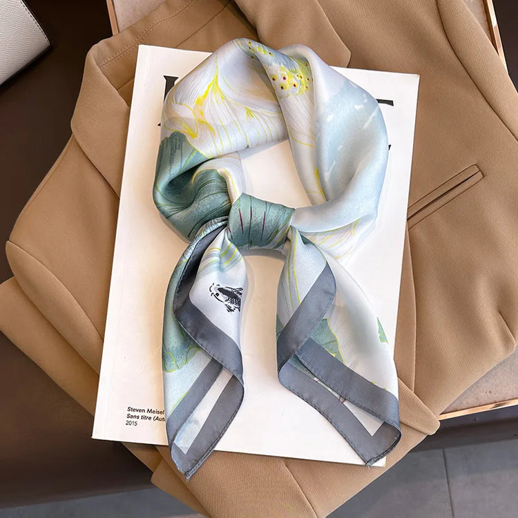 Luxury brand silk plaid square scarf for women, styled as a neck or hair tie