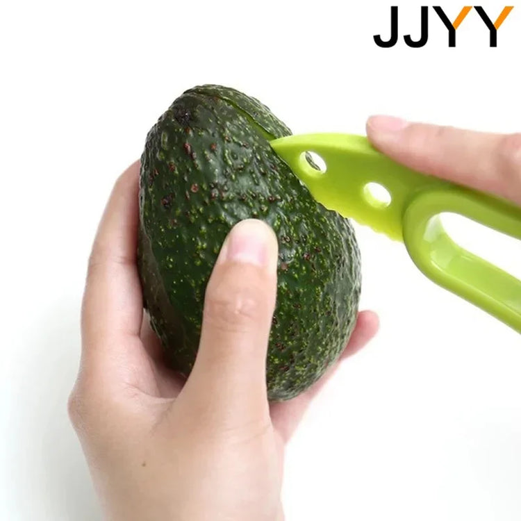 3-in-1 avocado slicer with serrated blade, pit remover, and fruit scooper