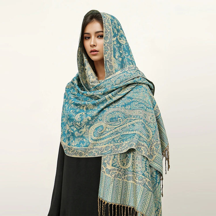 Soft and warm cashmere hijab with bohemian print, styled as a headscarf or wrap
