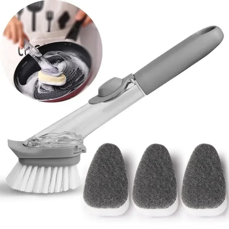 Refillable Liquid Cleaning Brush Kitchen Bowl Scrubber Cleaning Sponge Long Handle Dispenser Cleaner Tool with Dish Soap Washing wri