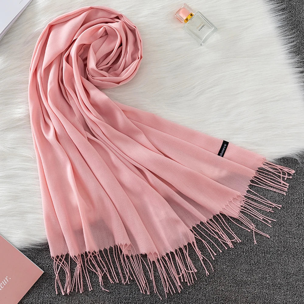 Soft long pashmina wrap used as hijab, headband, or stylish winter stole