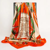 Big square silk handkerchief scarf styled as a shawl or fashionable hair wrap for wome