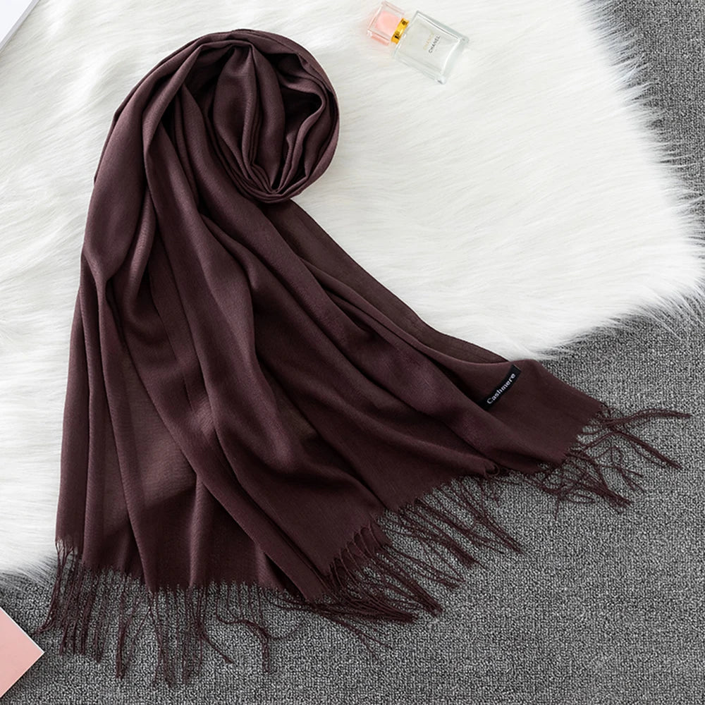Soft long pashmina wrap used as hijab, headband, or stylish winter stole