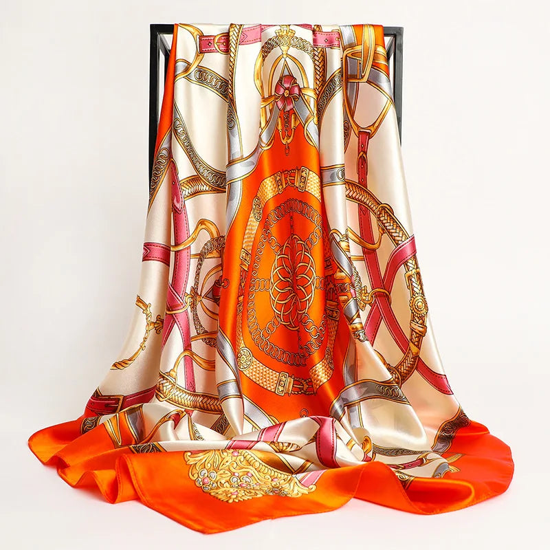 Big square silk handkerchief scarf styled as a shawl or fashionable hair wrap for wome