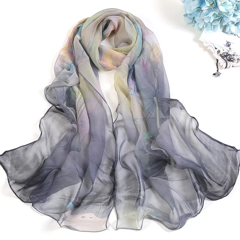 Elegant floral silk scarf by RUNMEIFA, used as a summer headscarf or body wrap