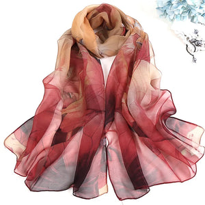 Elegant floral silk scarf by RUNMEIFA, used as a summer headscarf or body wrap