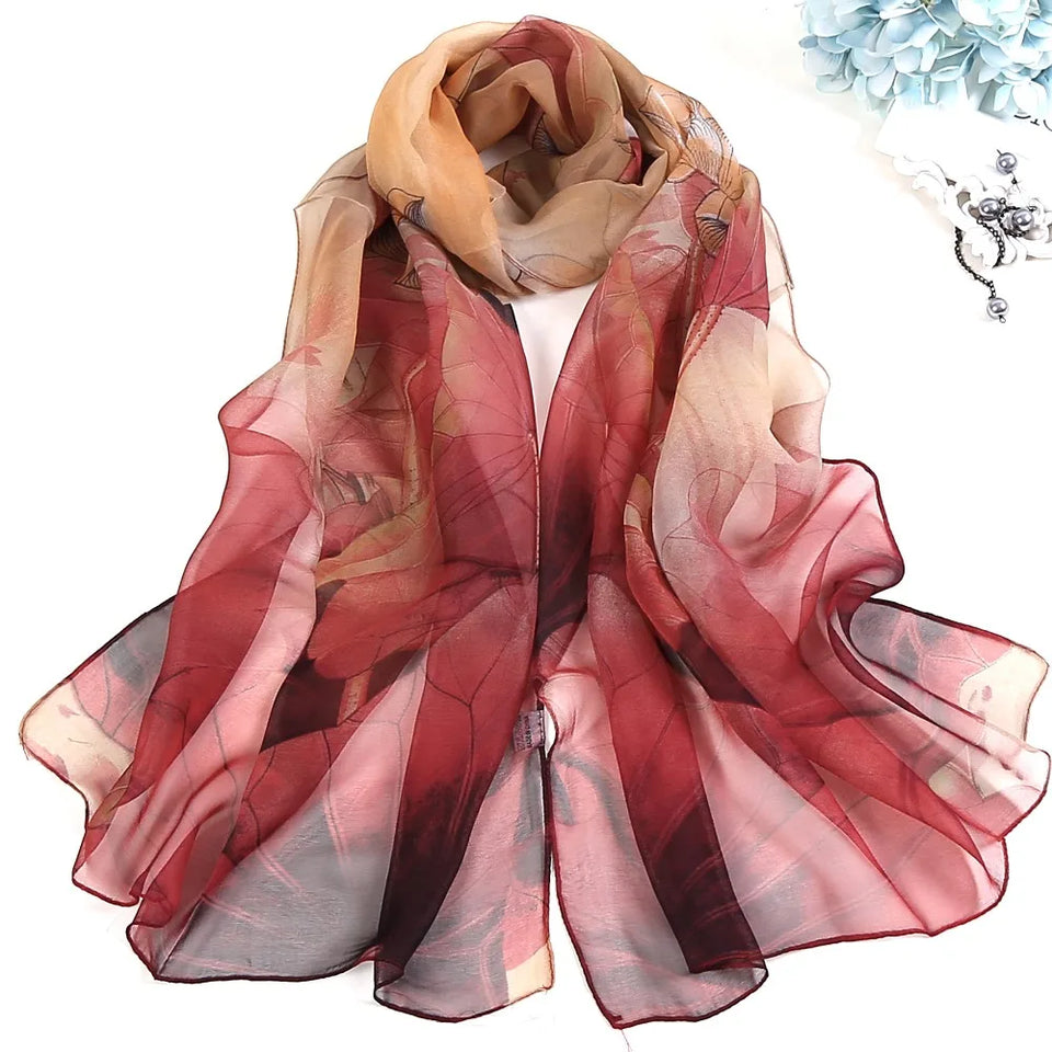 Elegant floral silk scarf by RUNMEIFA, used as a summer headscarf or body wrap